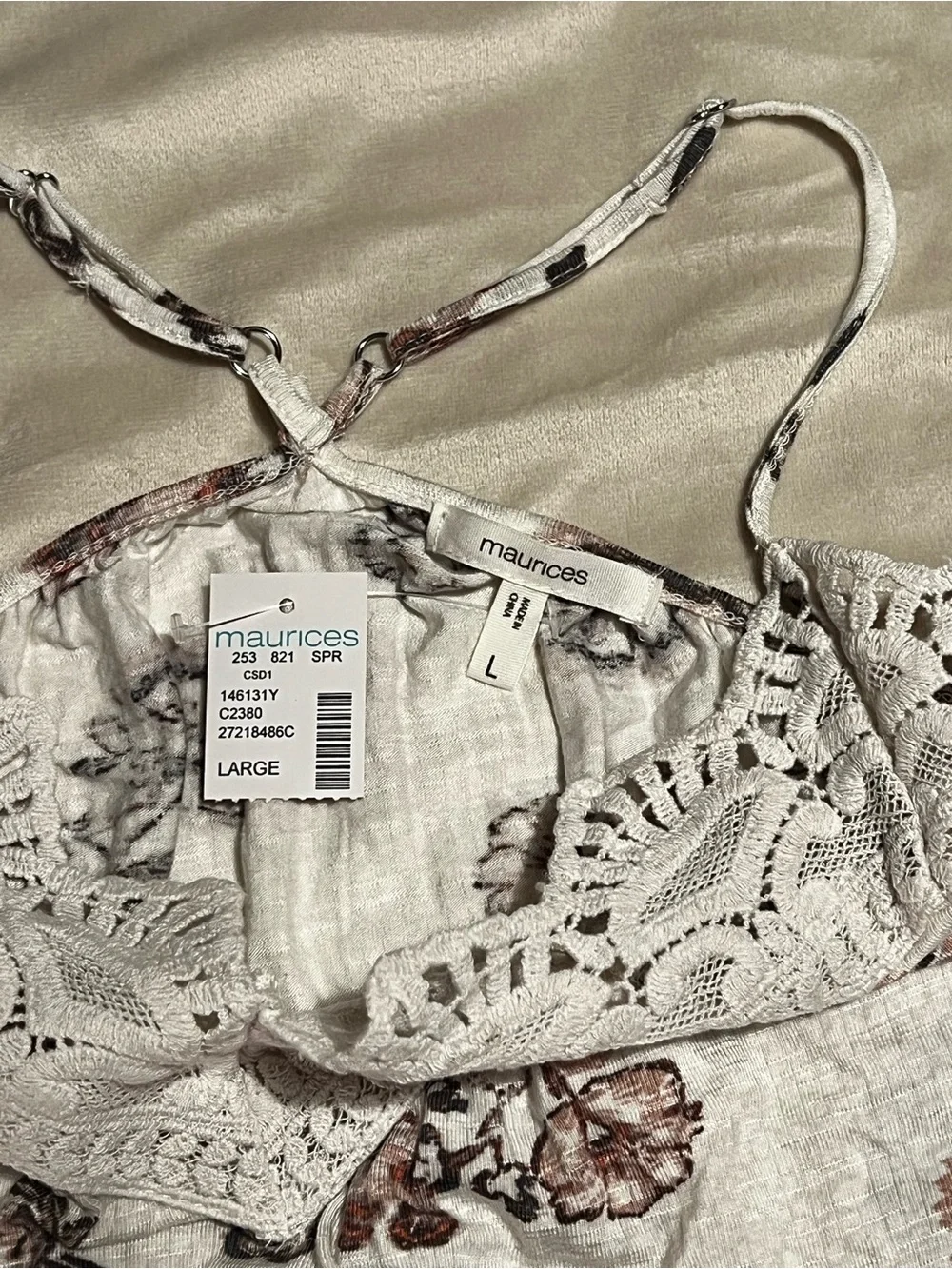 NEW Maurices Women’s Boho Bohemian Floral Lace Crochet-Trim Cami swing top large